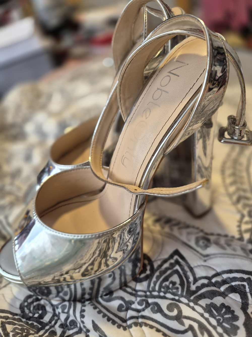 Silver High Platform Sandals with Ankle Strap